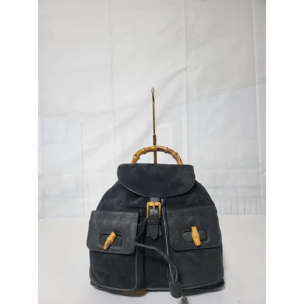 Authentic Gucci Vintage Suede & Leather Bamboo Backpack Black